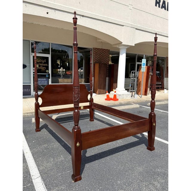 American Lexington Queen Size Mahogany Rice Carved Poster Bed Frame For Sale - Image 3 of 18