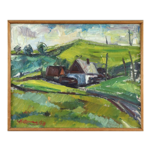 1953 Mid-Century Modern 'Cottage Among Green Hills' Original Swedish Expressive Landscape Oil Painting, Framed