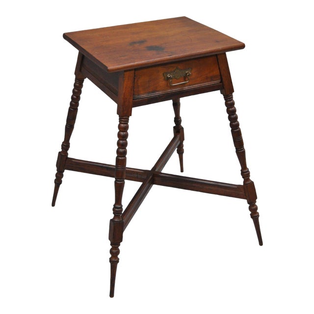 Antique Eastlake Victorian Turn Carved Spindle Leg Walnut Fern Table