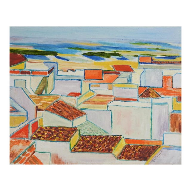 Vintage 1980 Abstract Coastal Cityscape Painting For Sale