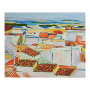 Vintage 1980 Abstract Coastal Cityscape Painting