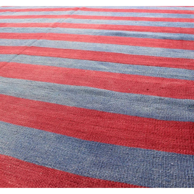 Mid 20th Century Vintage Striped Turkish Kilim With Casual Modern Design in Red and Blue For Sale - Image 5 of 8