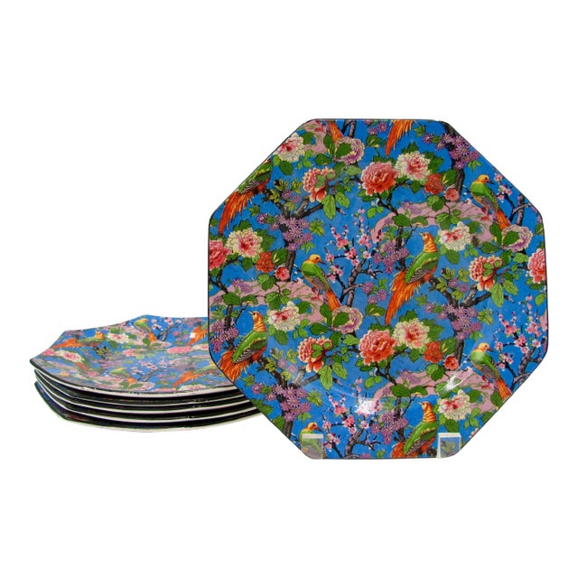 1920s Crown Ducal Blue Chintz Exotic Birds Luncheon Plates - Set of 6 For Sale