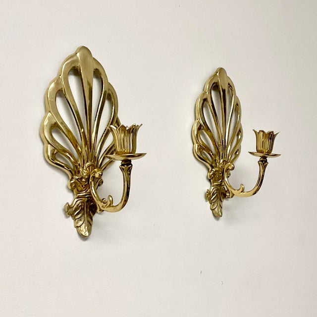 1970s Vintage French Peacock Lacquered Brass Candleholder Wall Sconces - A Pair For Sale - Image 10 of 17