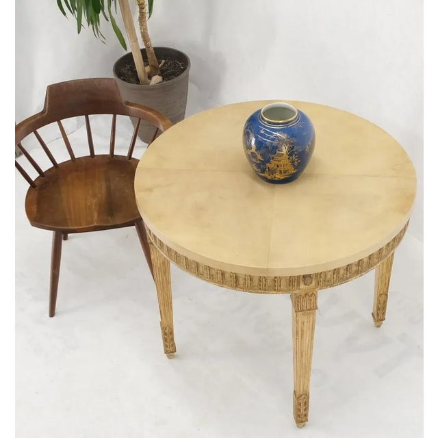 Round Lacquered leather parchment top occasional lamp accent table stand. Stunning studio custom quality piece.