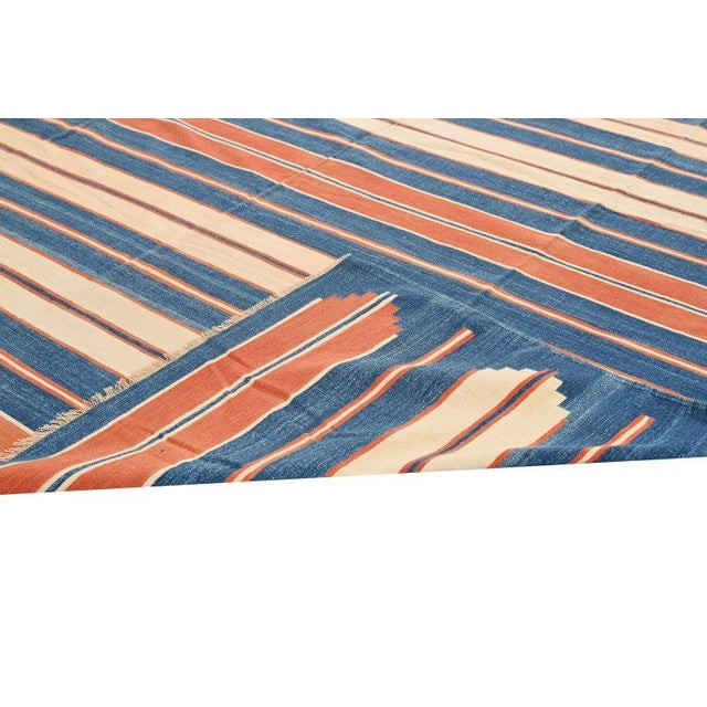 Textile 1950s Vintage Dhurrie Flat Weave in Blue and Orange Stripes Patterns by Rug & Kilim For Sale - Image 7 of 7