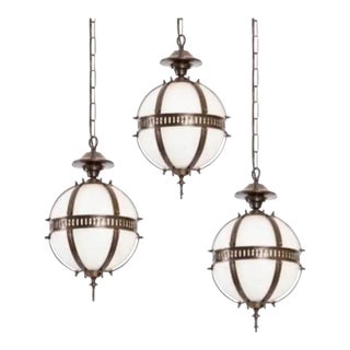 3pc Set Vintage Art Deco Old Fixture Ceiling Brass Hanging Pendant Light Milk Glass Shade Lamp For Sale