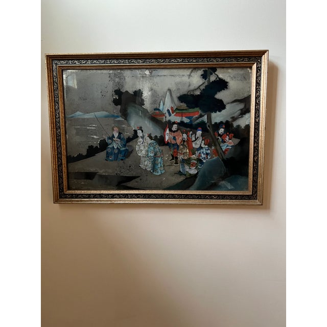 18th Century Chinese Reverse Figurative Landscape Panting on Glass, Framed For Sale - Image 11 of 11