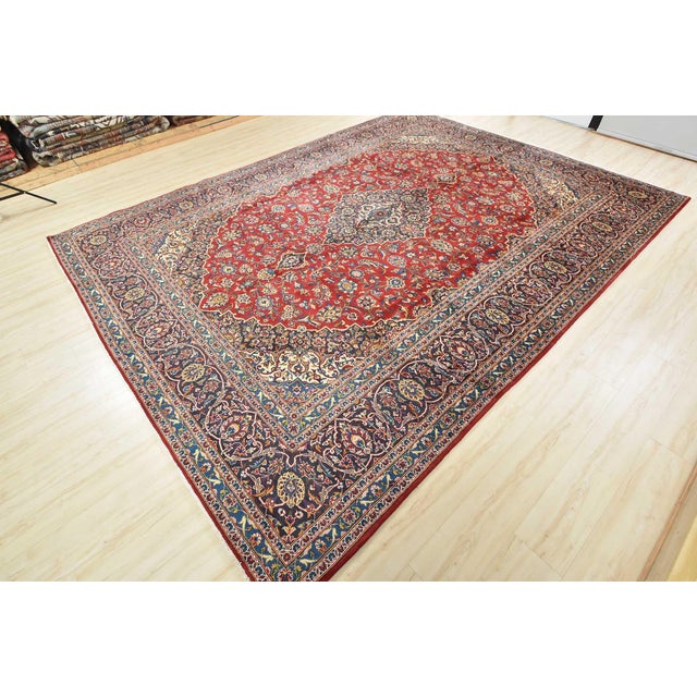Farmhouse Kashan Rug 9'8'' X 12'9'' Red Wool Vintage Traditional Hand-Knotted Carpet For Sale - Image 3 of 12