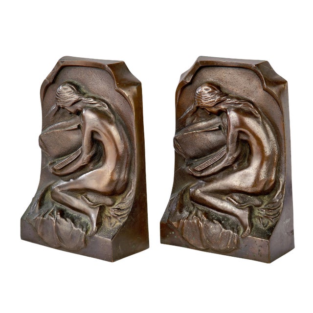 Bronze Art Nouveau Bookends Nude Female Figure - a Pair For Sale