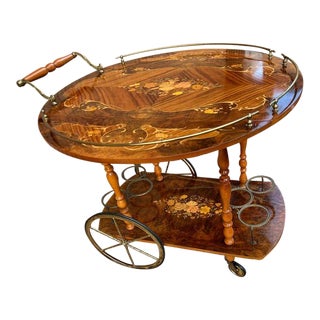 Late 20th Century Italian Marquetry Lacquered Drop Leaf Walnut and Brass Bar Cart For Sale