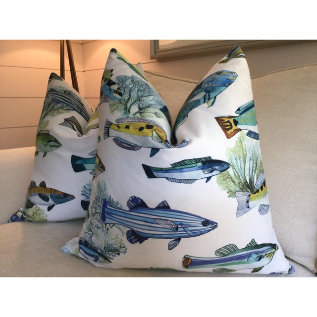 Nautical Manuel Canovas “Fidji” Tropical Fish Indoor/Outdoor Down-Filled Pillows- a Pair For Sale - Image 3 of 8