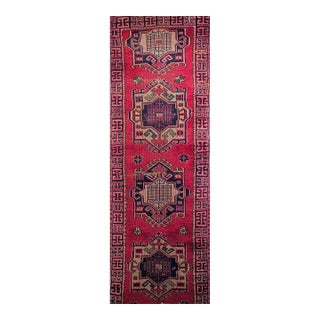 Vintage Turkish Runner, Hand-Knotted Wool, Geometric Design, Red & Navy, 3' x 7' For Sale