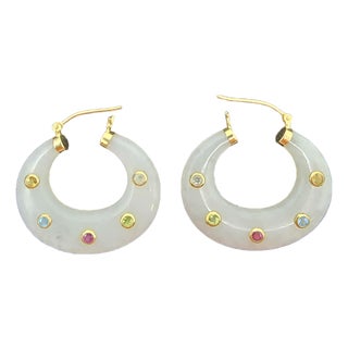 Carved White Jade and 14k Yellow Gold Hoop Earrings, A Pair For Sale