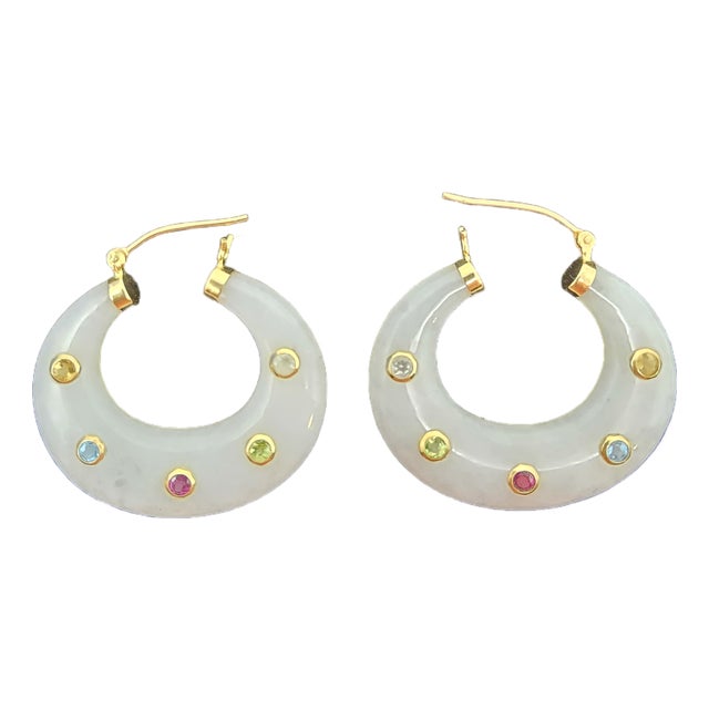 Carved White Jade and 14k Yellow Gold Hoop Earrings, A Pair For Sale