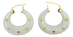 Carved White Jade and 14k Yellow Gold Hoop Earrings, A Pair