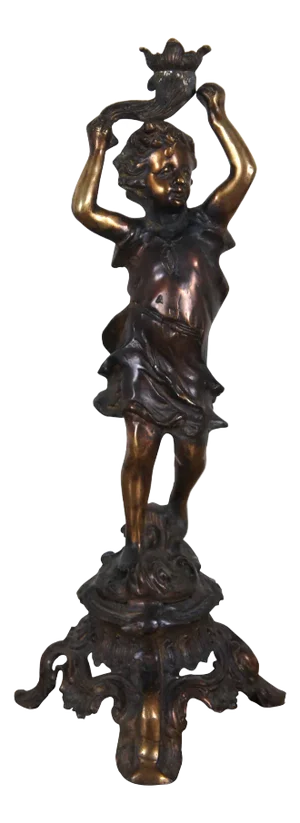 Late 20th Century French Neolcassical Cast Bronze Boy With Torch Figural Candle Holder Statue