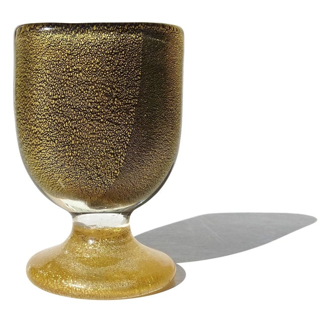 Beautiful vintage Murano hand blown black and gold flecks Italian art glass footed toothpick holder or name card holder....