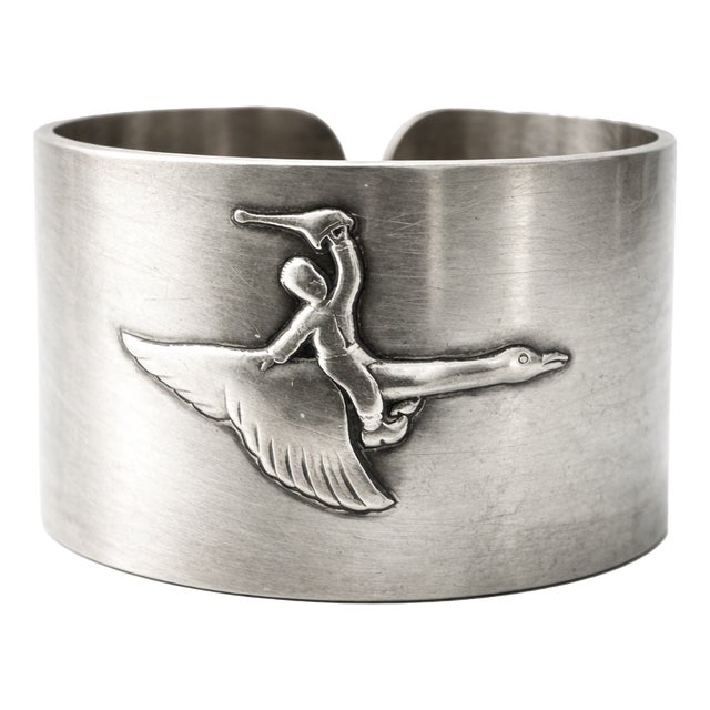Vintage Swedish Alpaca Napkin Ring with Child and Goose Motif by Gab, 1960s For Sale