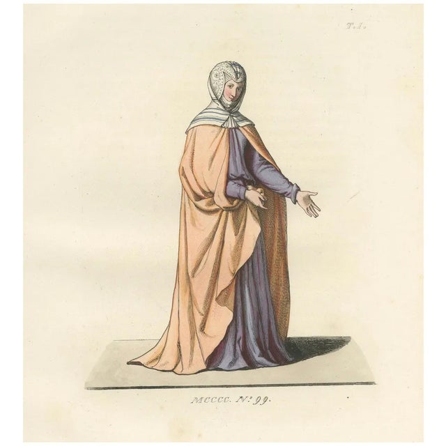 Medieval Noblewoman's Peach and Lavender Robe Costume, 1845, Paper For Sale