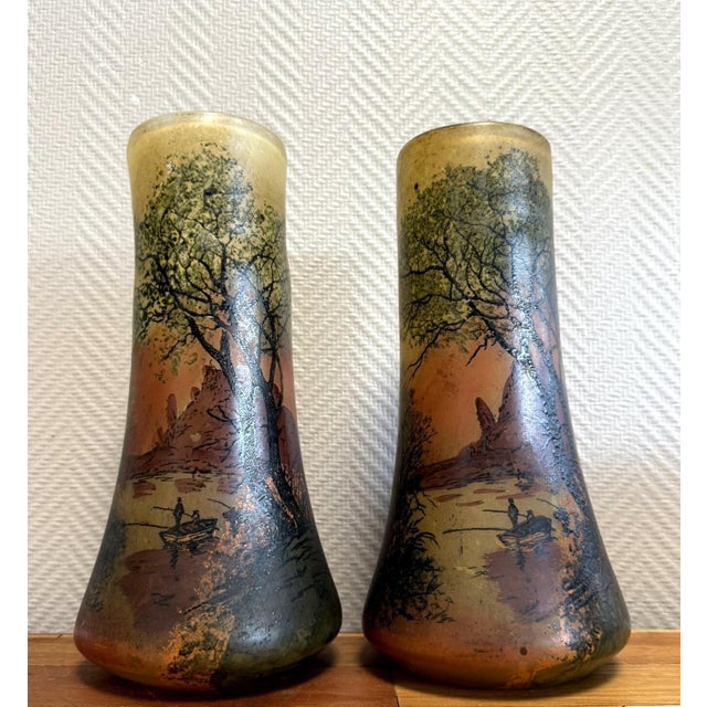 Tinted Glass Roller Vases with Lakeside Landscape and Fishermen after Legras, 1890s, Set of 2 For Sale - Image 6 of 7