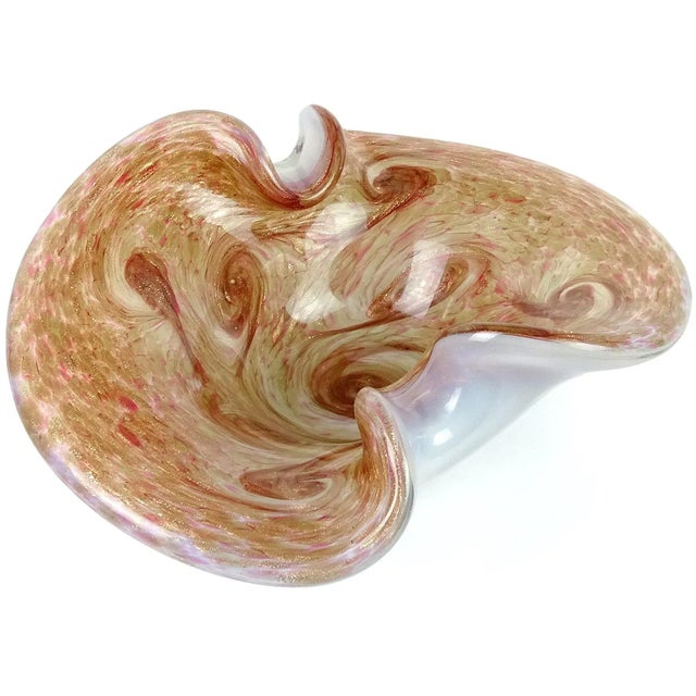 Mid-Century Modern Vintage Murano Fratelli Toso Opal Pink Aventurine Swirl Italian Art Glass Mid-Century Bowl Dish For Sale - Image 3 of 6