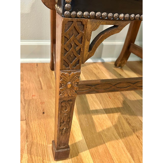 Wood Mid 20th Century Chinese Chippendale Armchair by Century Furniture Co With Original Leather Upholstery For Sale - Image 7 of 12
