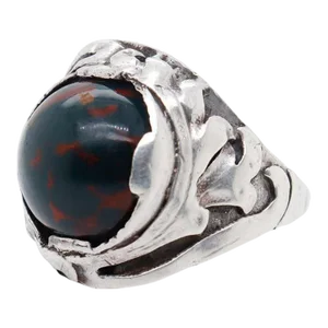 Vintage Chicago Arts & Crafts Signed Sterling Silver & Bloodstone Cabochon Signet Ring Size 10.25