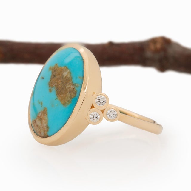 5.4cts Sonoran Turquoise Ring With Natural Diamonds: Solid 14k Gold, 1Size 6.75 For Sale In Columbus - Image 6 of 10