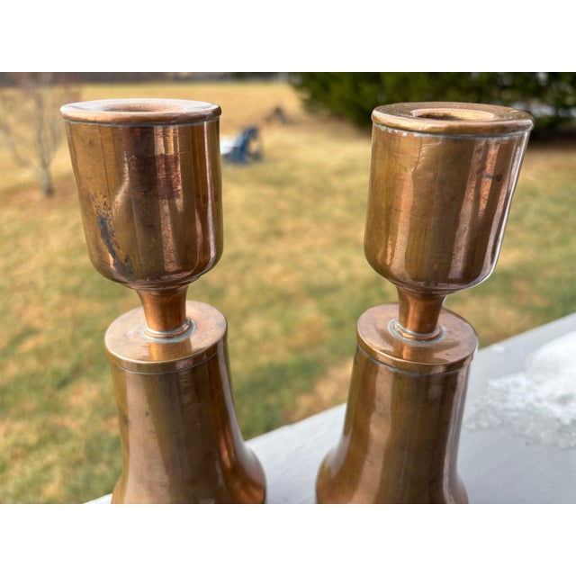 Art Deco Early 20th C. Artisan Copper 8" Candlesticks - A Pair For Sale - Image 3 of 7