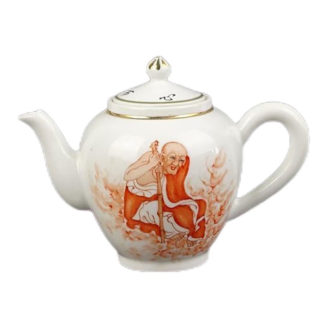 Chinese Vintage Porcelain Tea Pot China Famille Rose Porcelain Tea Pot Hand Painted Ink Color With Gold Tracery Luohan Pattern For Sale