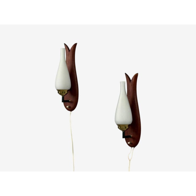 1960s Danish Modern, Wall Lights or Sconces, Teak, Brass, Opal Glass For Sale In New York - Image 6 of 10