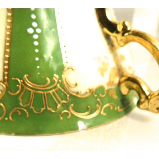 1930s Dresden Covered Two Handle Dessert Cup and Underplate With Raised Gold Trim For Sale - Image 16 of 18