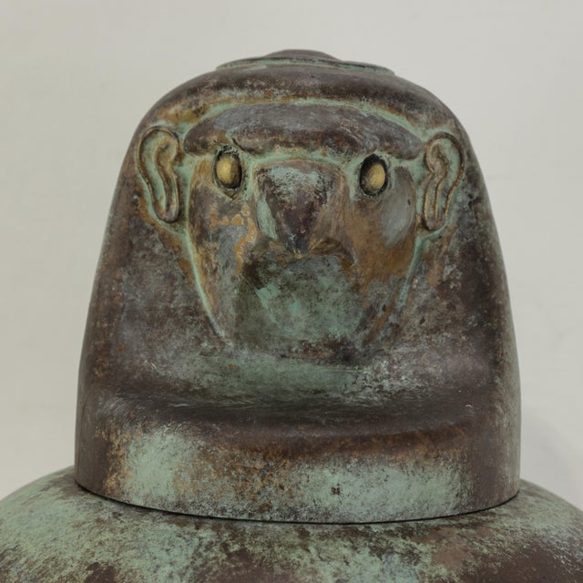 Metal A Pair of Exquisite Vintage Hand-Forged Tin Canopy Jars Duamutf (Jackal) and Kebekhsenuf (Falcon) For Sale - Image 7 of 15