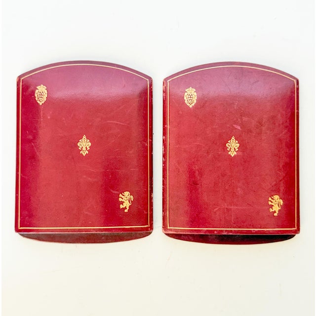 Metal Vintage Red and Gold Florentine Leather Folding Bookends For Sale - Image 7 of 9