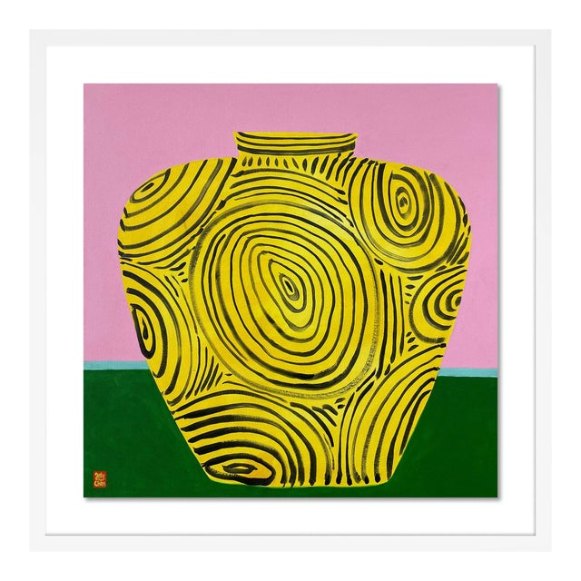 Yellow Vase by Jelly Chen in White Framed Paper, Large Art Print For Sale