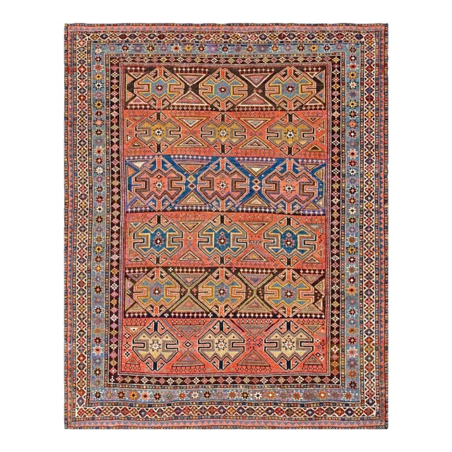 1890s Multicolor Diamond Antique Caucasian Rug 4'0" X 4'10" Handknotted Wool Carpet For Sale