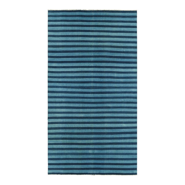 Rug & Kilim's Oversized Contemporary Dhurrie Rug in Blue Geometric Stripes - 12x18 For Sale