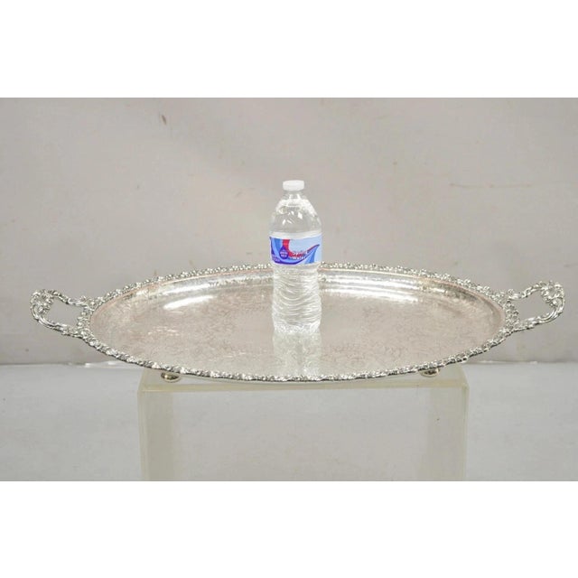 Antique English Victorian Silver Plated Repousse Oval Serving Platter Bar Tray For Sale - Image 4 of 12