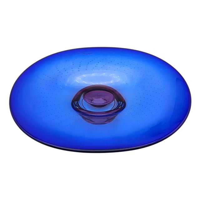Blue Kosta Boda “Zoom” Art Glass Bowl by Göran Wärff, Blue & Magenta, Signed For Sale - Image 8 of 9