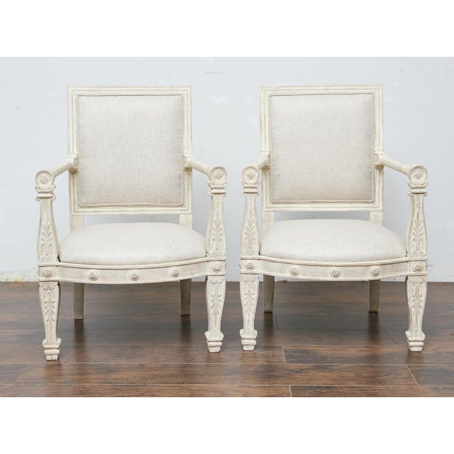 Pair of French 1920s Painted Armchairs with Carved Details and Linen Upholstery For Sale - Image 4 of 11