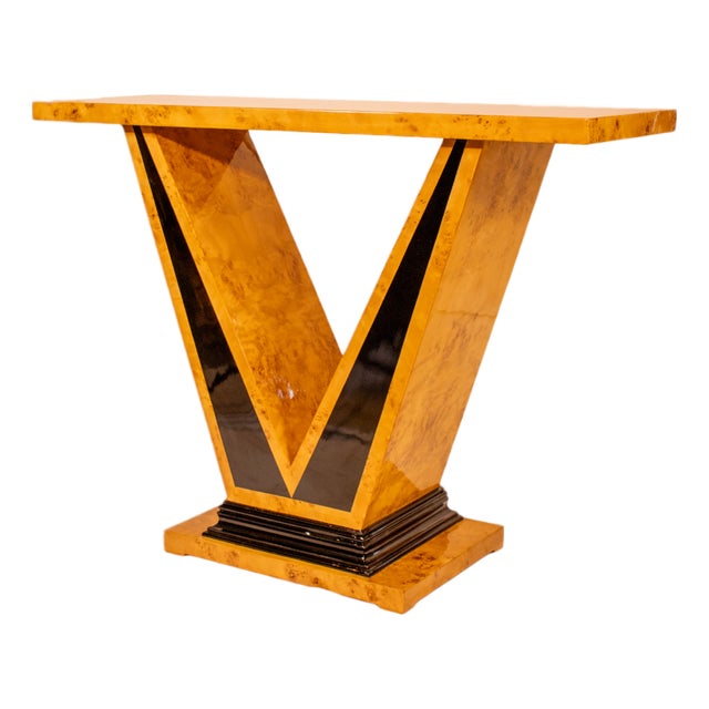 Art Deco Console Table in Burl Walnut Veneer and Black Lacquer For Sale