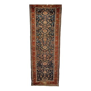 Antique Persian Farahan Sarouk Runner, Hand-Knotted Wool, All-Over Geometric Pattern, Navy & Rust, 4x10 For Sale