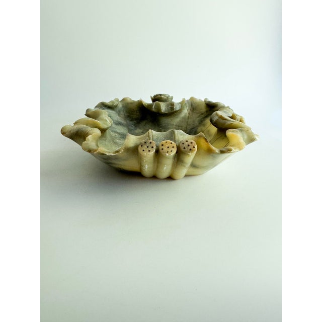 Vintage Hand Carved Soapstone Lotus Leaf Bowl With Floral Motifs For Sale - Image 9 of 12