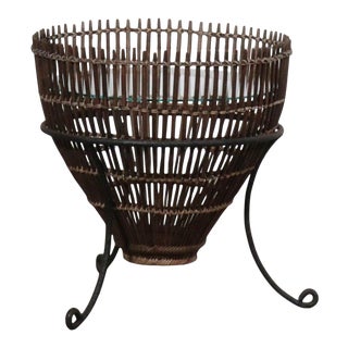 1950s Franco Albini Fish Basket Rattan & Iron Side Table For Sale