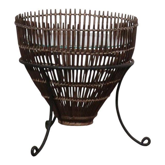 1950s Franco Albini Fish Basket Rattan & Iron Side Table For Sale