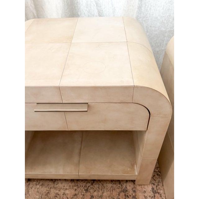 Restoration Hardware Lucien Parchment Nightstands – Pair For Sale - Image 9 of 12