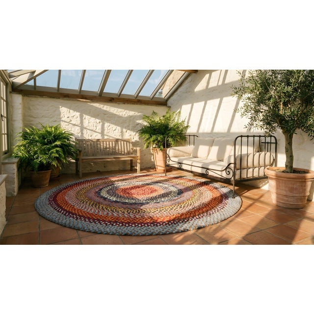 1930s Multi Background Wtih Folk Art Styles Round Antique American Braided Rug For Sale - Image 14 of 15