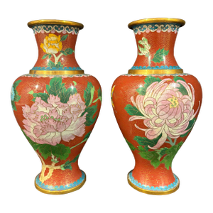 Mid Twentieth Century Handmade Cloisonné Vases With Floral and Butterfly Motif