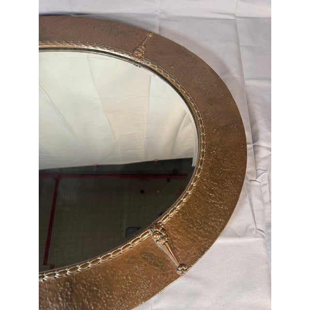 Arts and Crafts Style Oval Wall Mirror, Hammered Metal Frame With Strapwork Mounts For Sale - Image 4 of 5